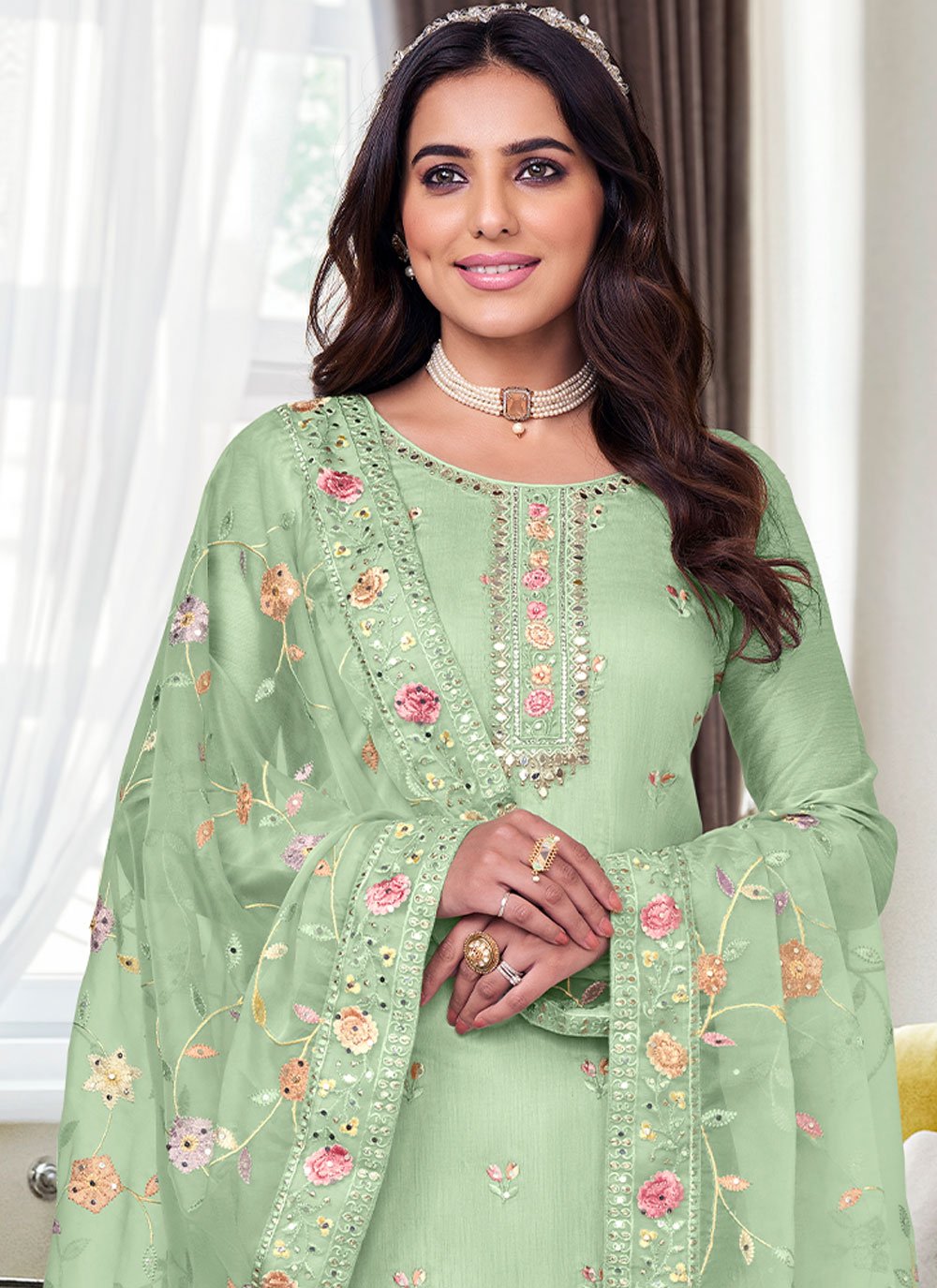 Salwar Suit Silk Viscose Green Embroidered Salwar Kameez