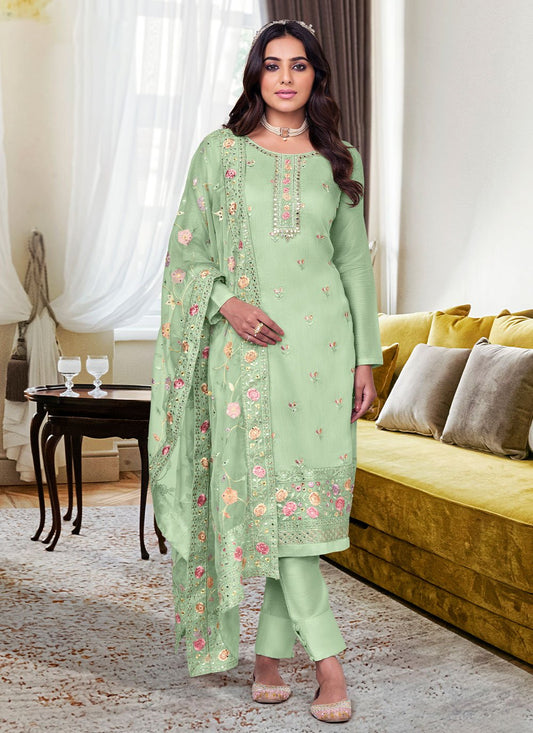 Salwar Suit Silk Viscose Green Embroidered Salwar Kameez