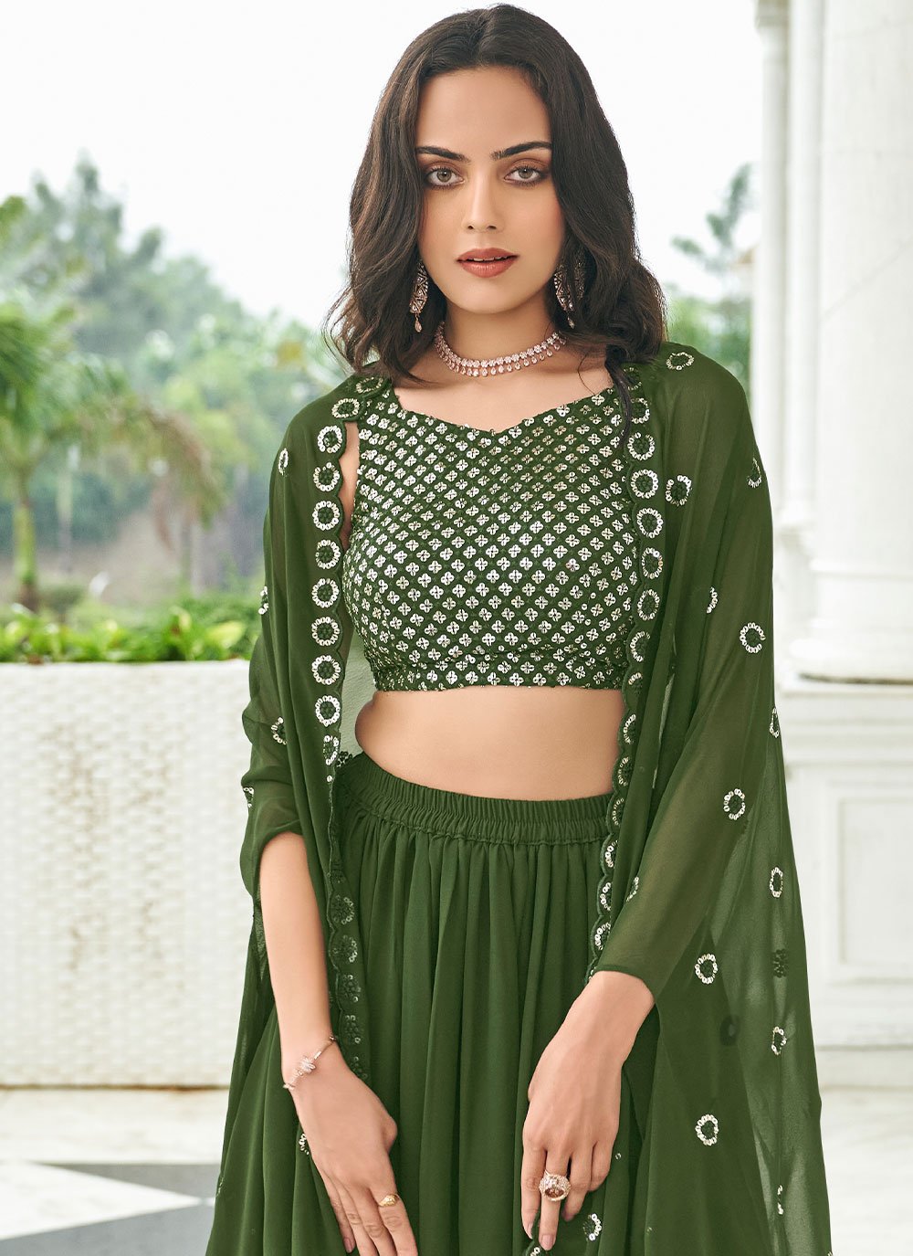 A Line Lehenga Faux Georgette Green Embroidered Lehenga Choli