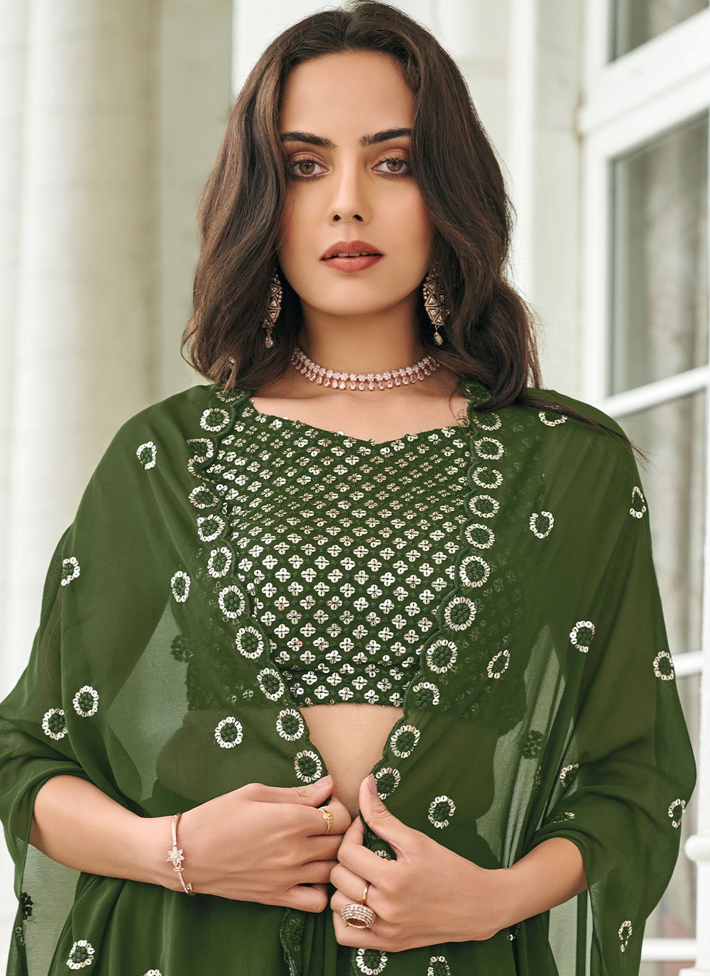 A Line Lehenga Faux Georgette Green Embroidered Lehenga Choli