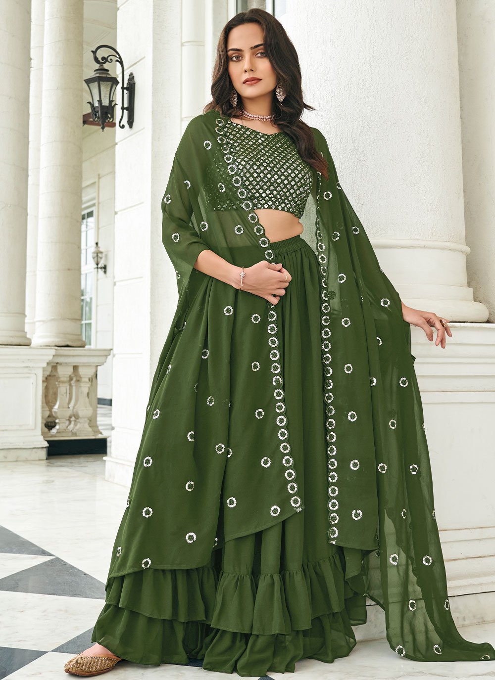 A Line Lehenga Faux Georgette Green Embroidered Lehenga Choli