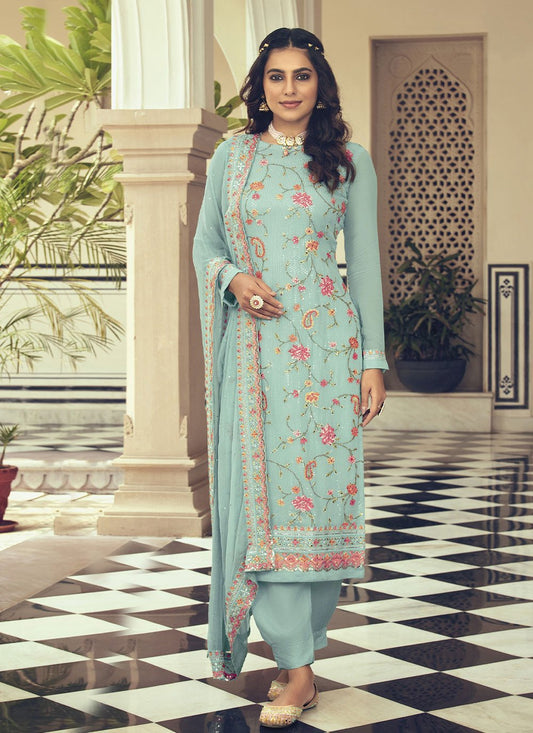 Pant Style Suit Faux Georgette Green Embroidered Salwar Kameez