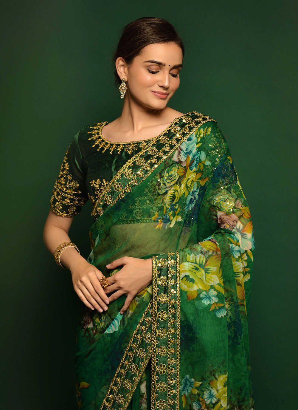 Contemporary Georgette Green Embroidered Saree