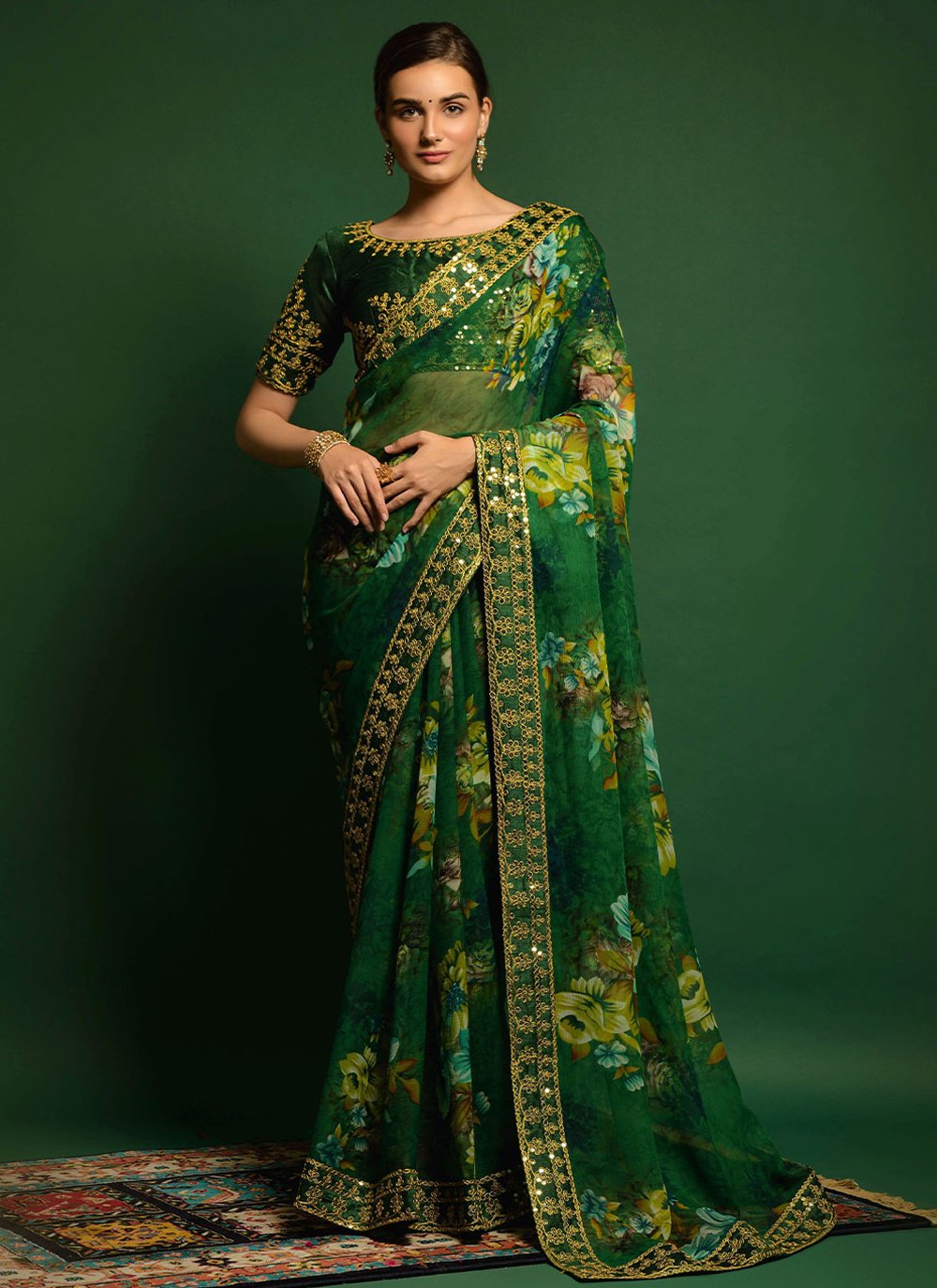 Contemporary Georgette Green Embroidered Saree