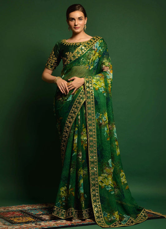 Contemporary Georgette Green Embroidered Saree