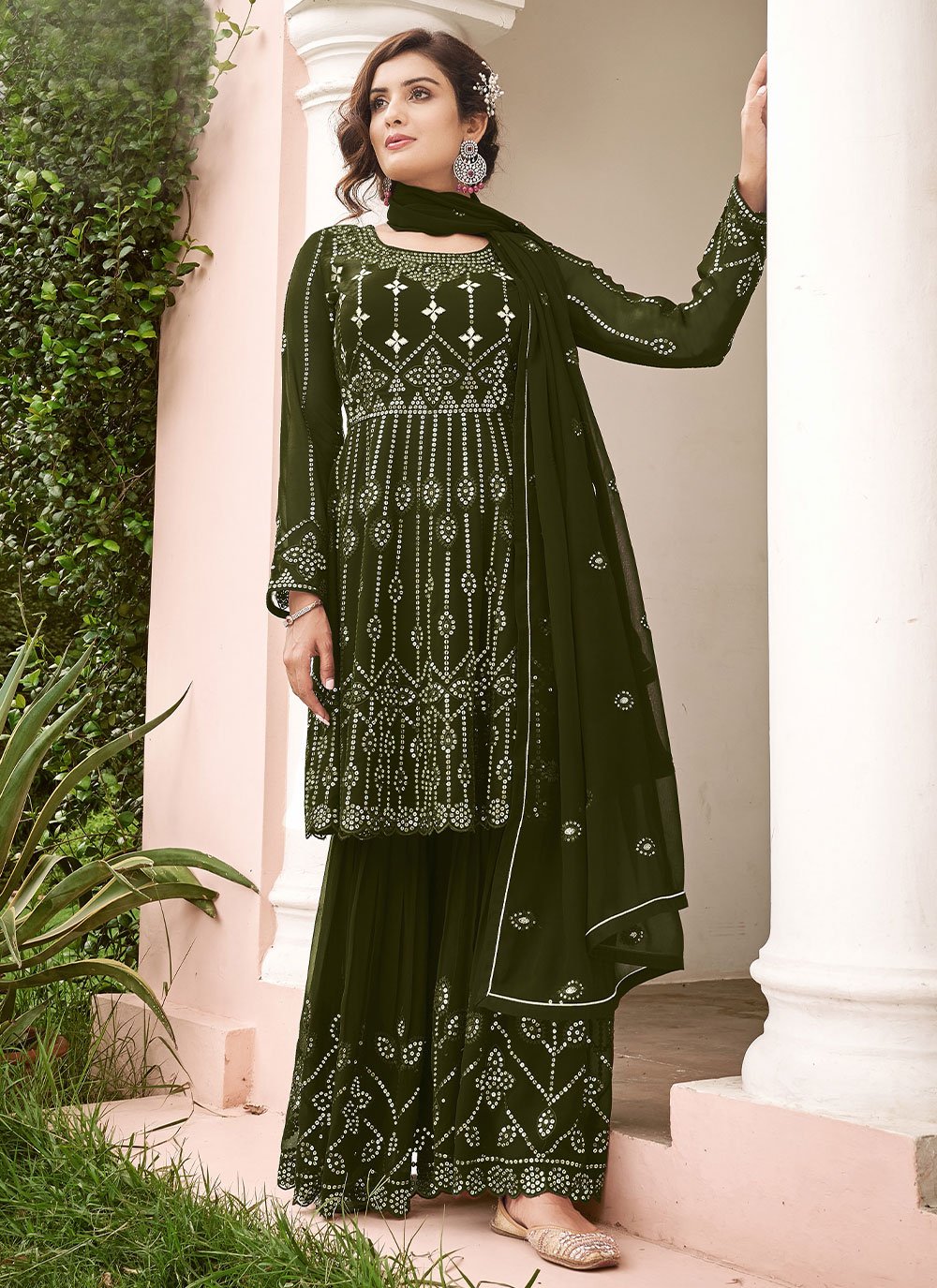 Salwar Suit Georgette Green Embroidered Salwar Kameez