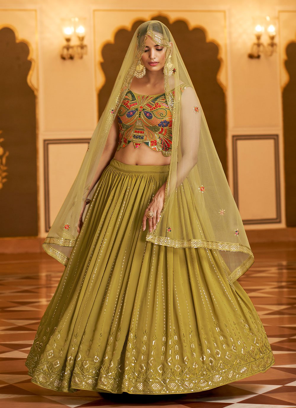 Lehenga Choli Georgette Green Embroidered Lehenga Choli