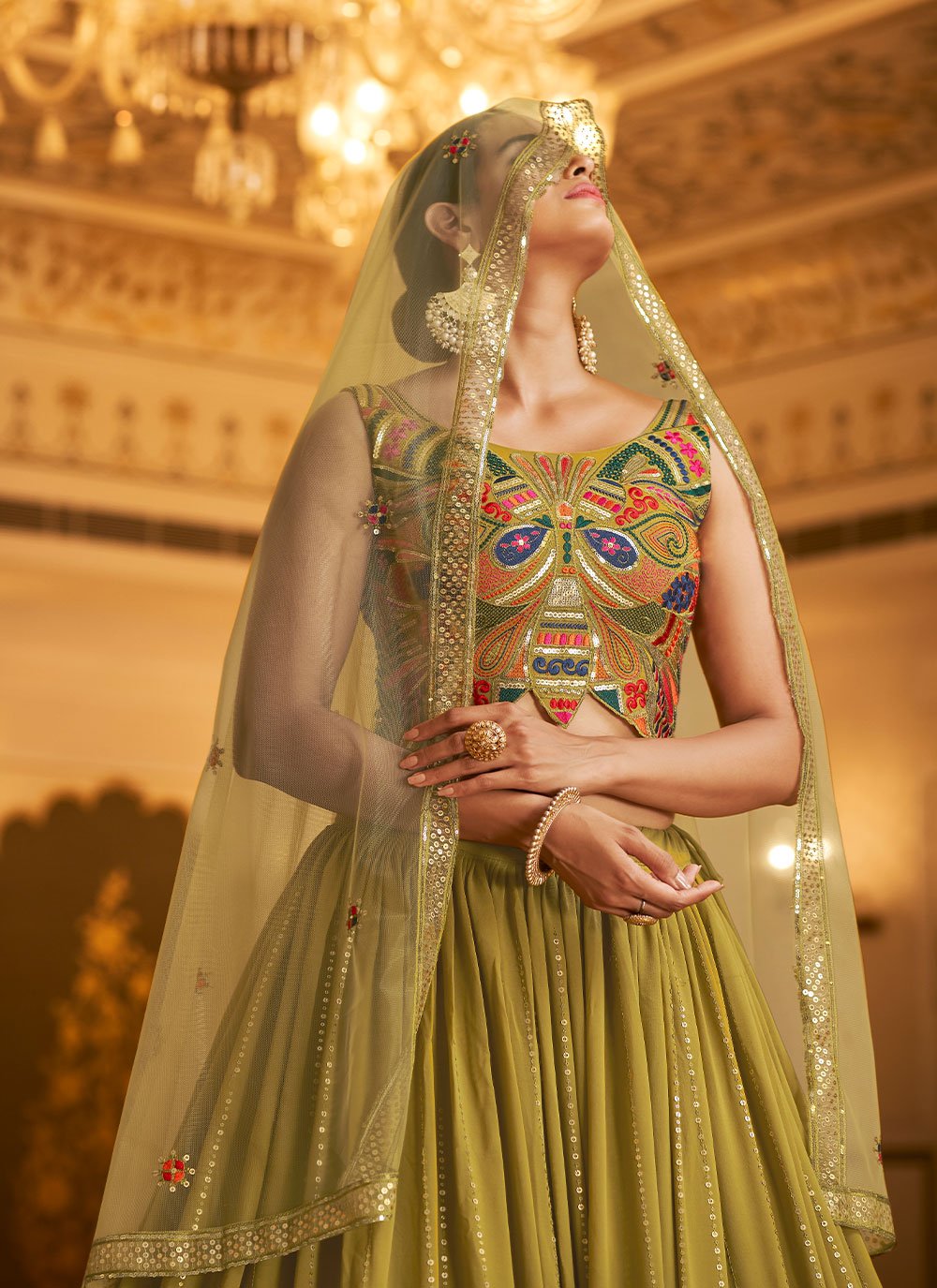 Lehenga Choli Georgette Green Embroidered Lehenga Choli