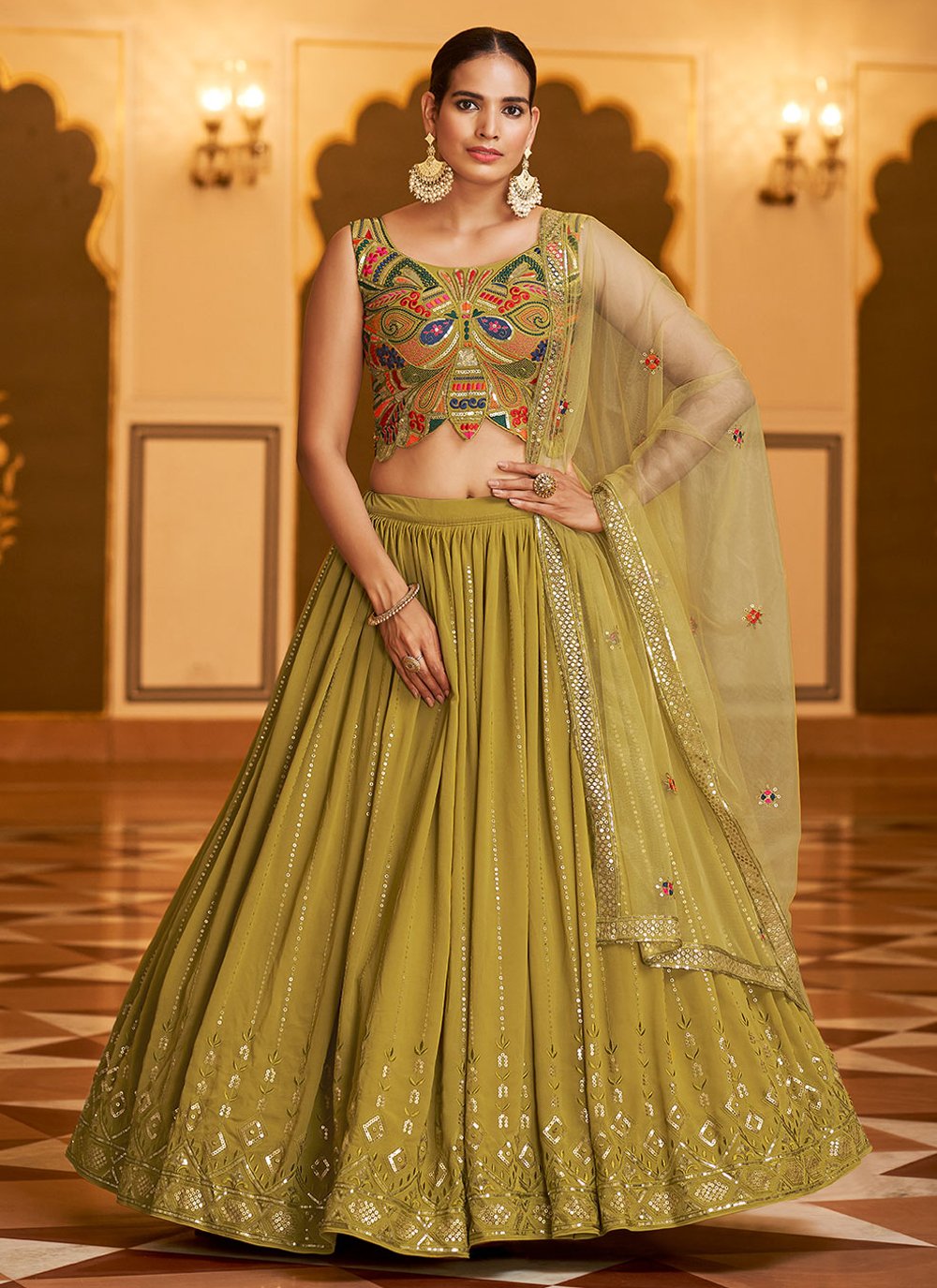 Lehenga Choli Georgette Green Embroidered Lehenga Choli