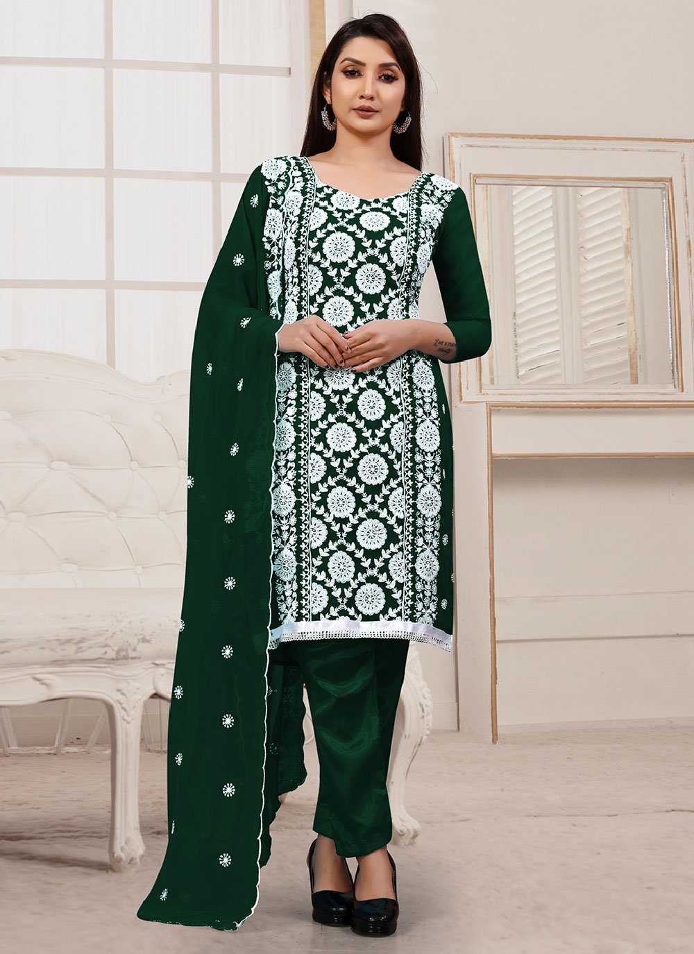 Pant Style Suit Georgette Green Embroidered Salwar Kameez