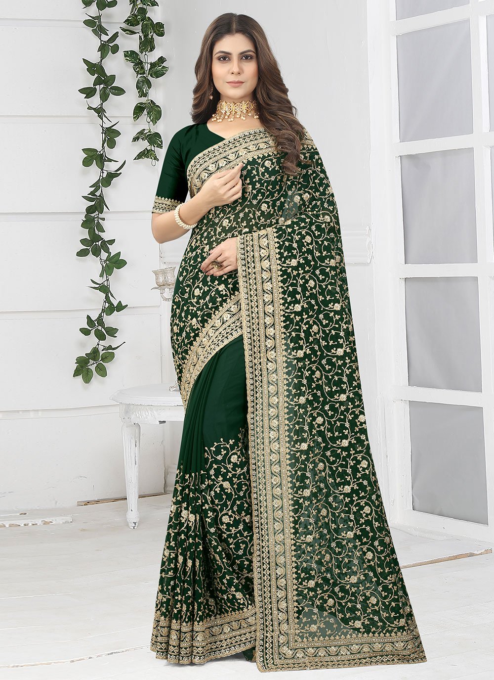 Trendy Saree Georgette Green Diamond Saree