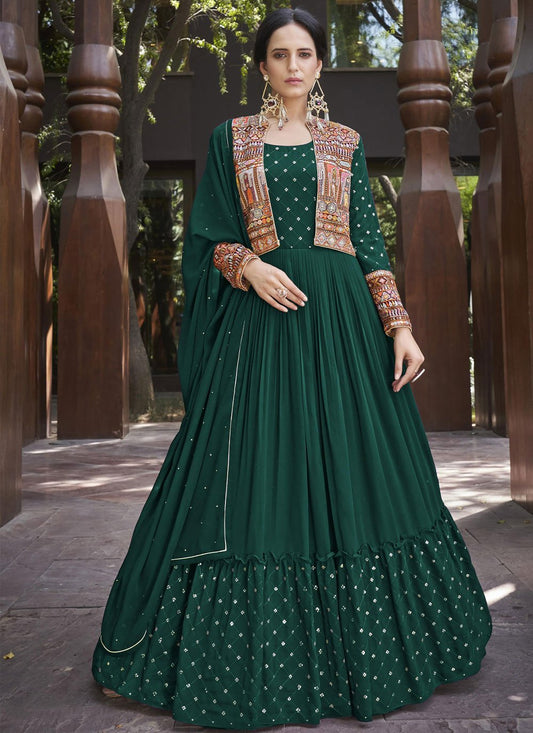 Gown Georgette Green Embroidered Gown