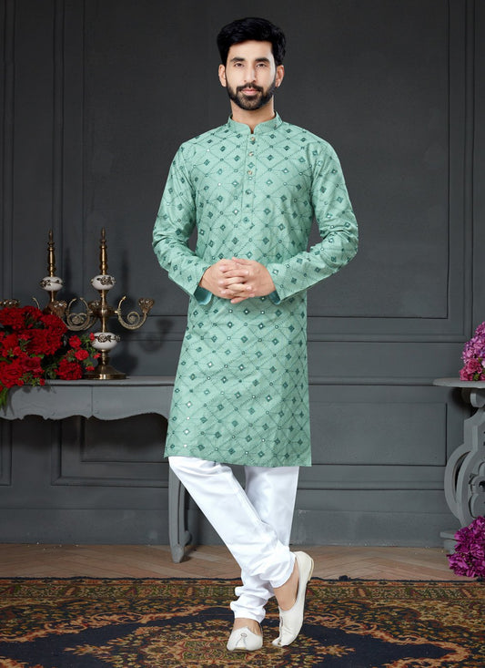 Kurta Pyjama Art Silk Cotton Green Embroidered Mens