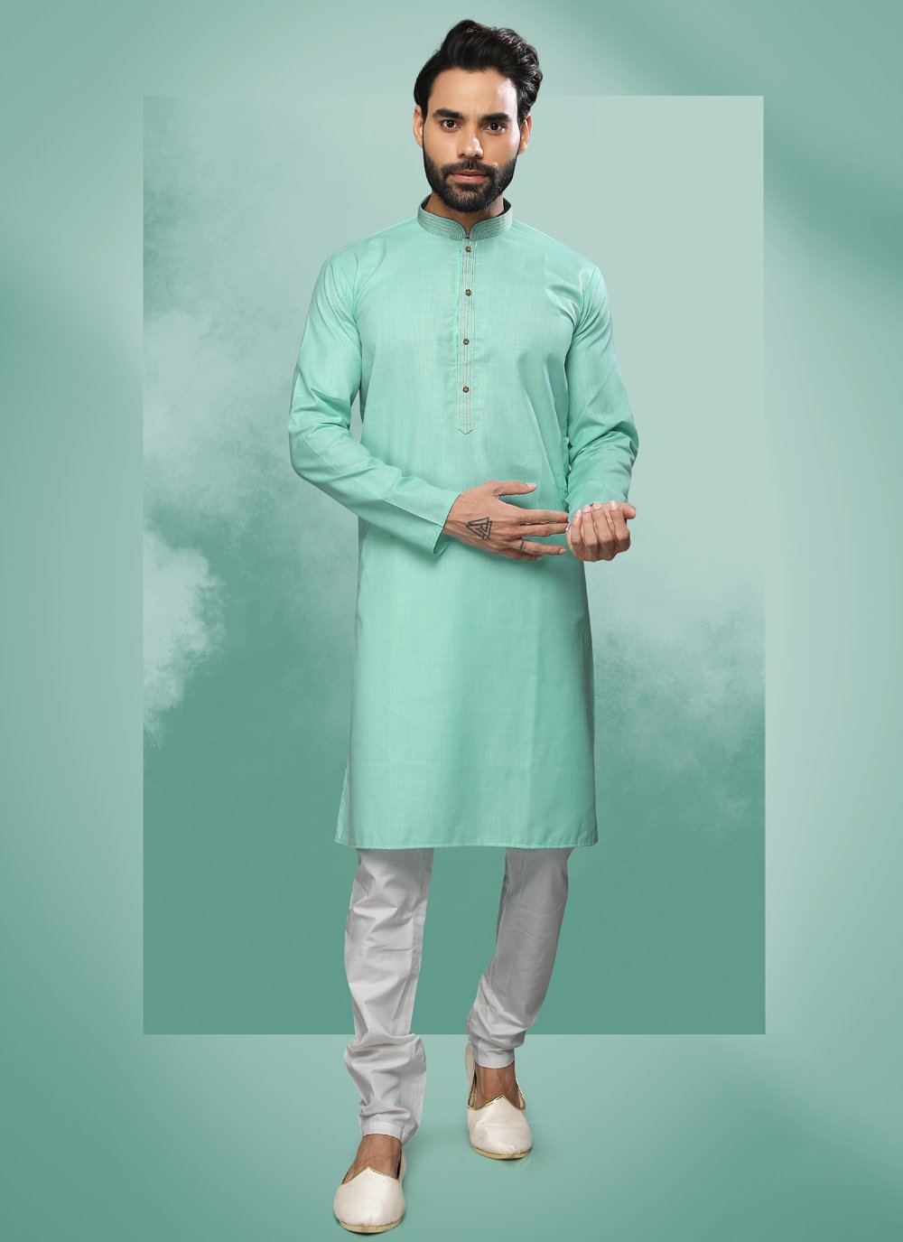 Kurta Pyjama Handloom Cotton Green Embroidered Mens