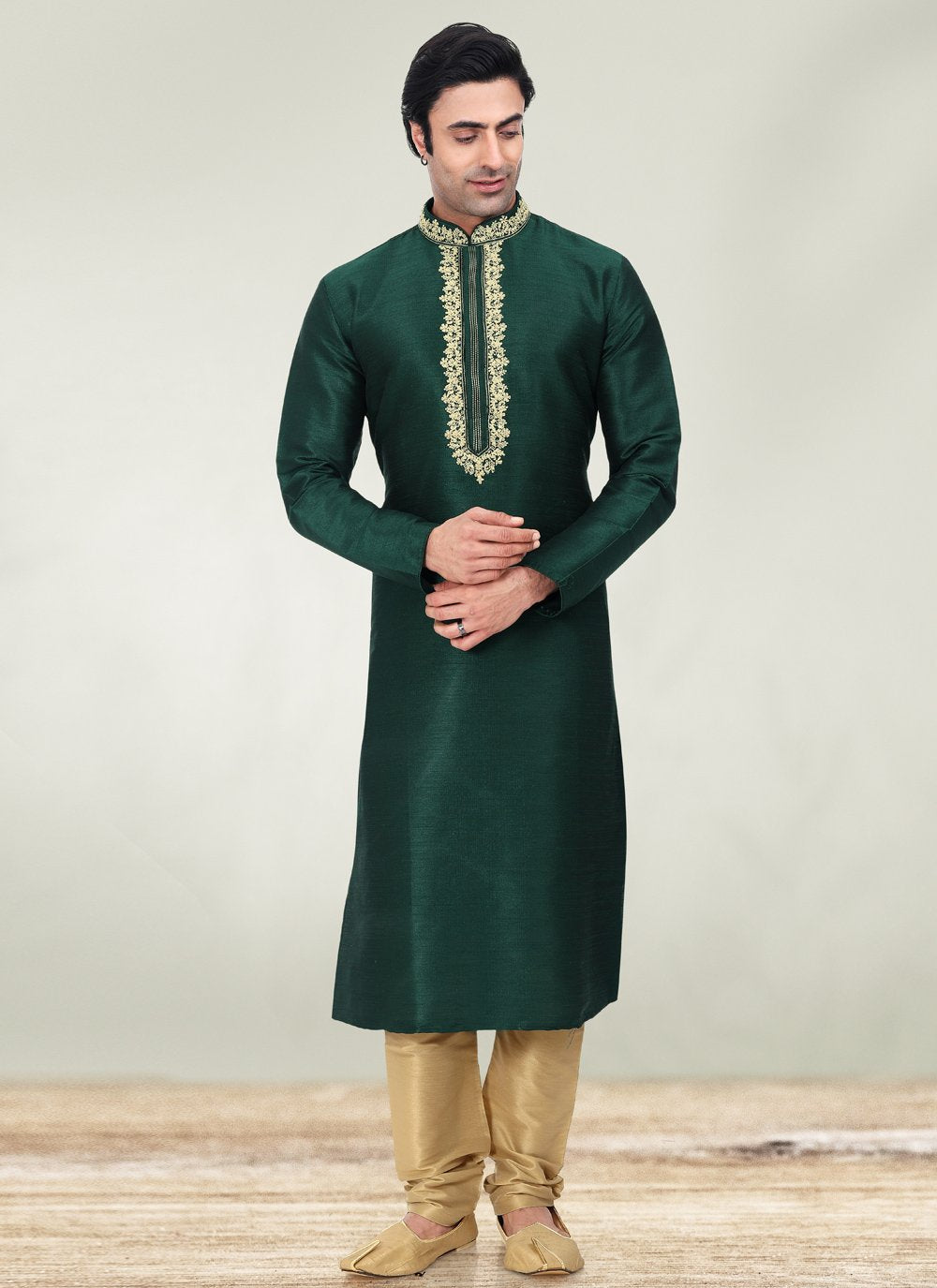 Kurta Pyjama Art Banarasi Silk Green Embroidered Mens