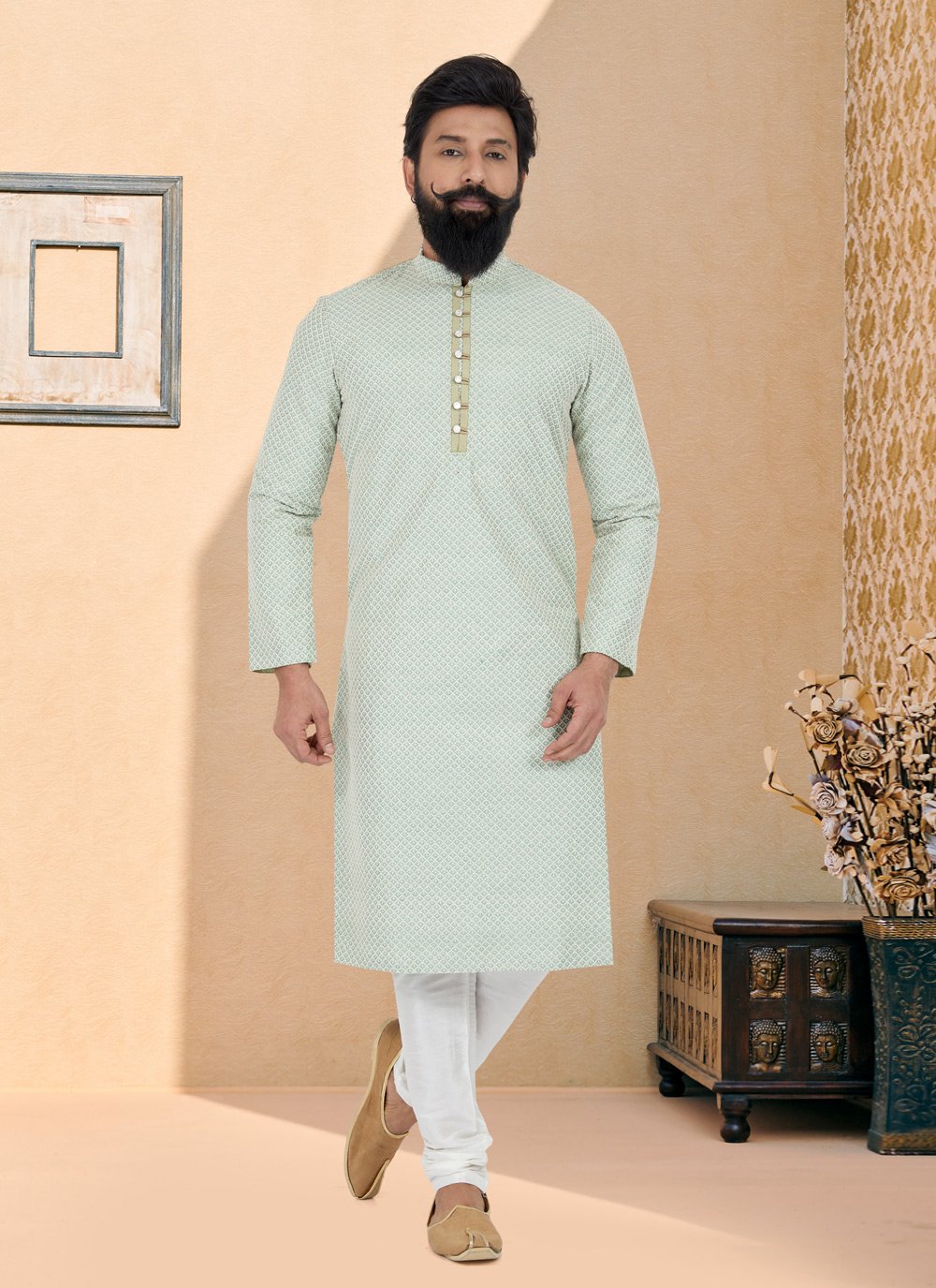 Kurta Pyjama Jacquard Silk Green Embroidered Mens