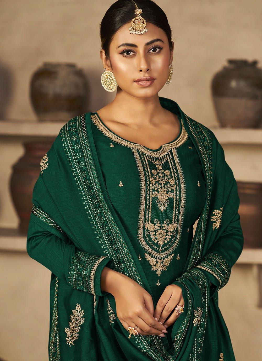 Floor Lenght Salwar Suit Vichitra Silk Green Diamond Salwar Kameez