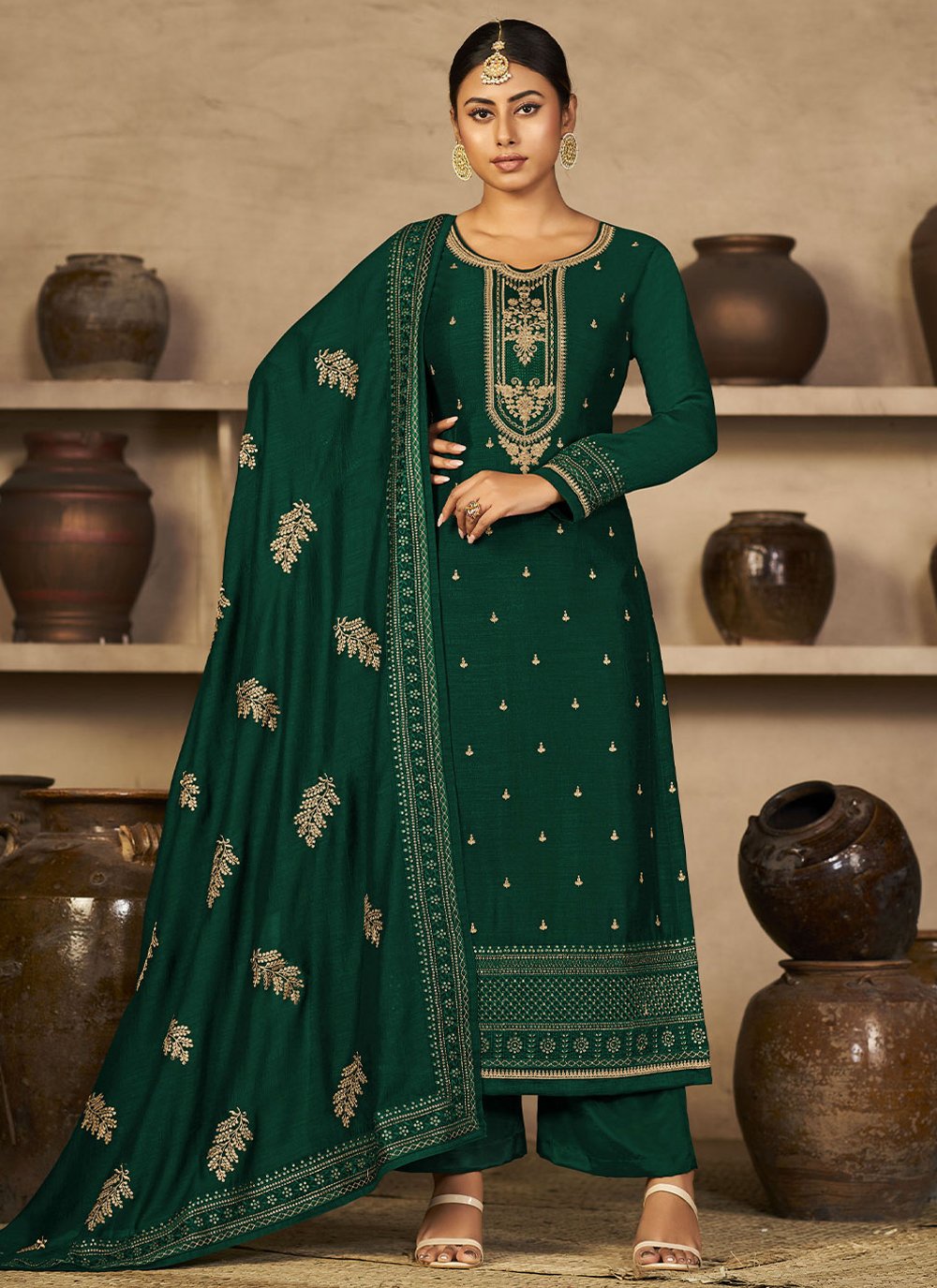 Floor Lenght Salwar Suit Vichitra Silk Green Diamond Salwar Kameez