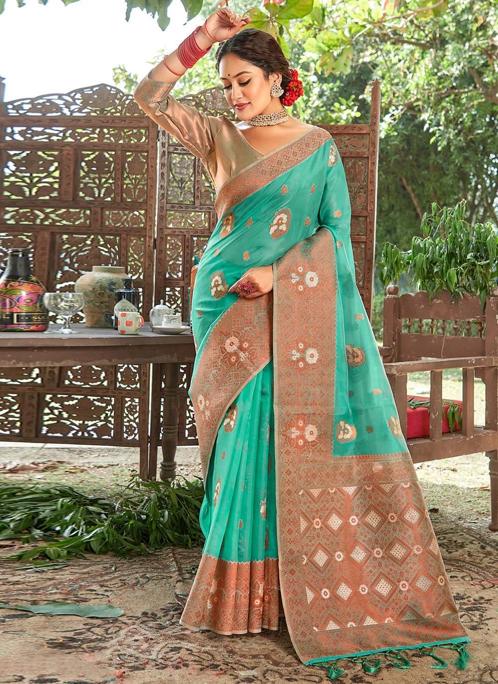 Traditional Saree Organza Green Embroidered Saree