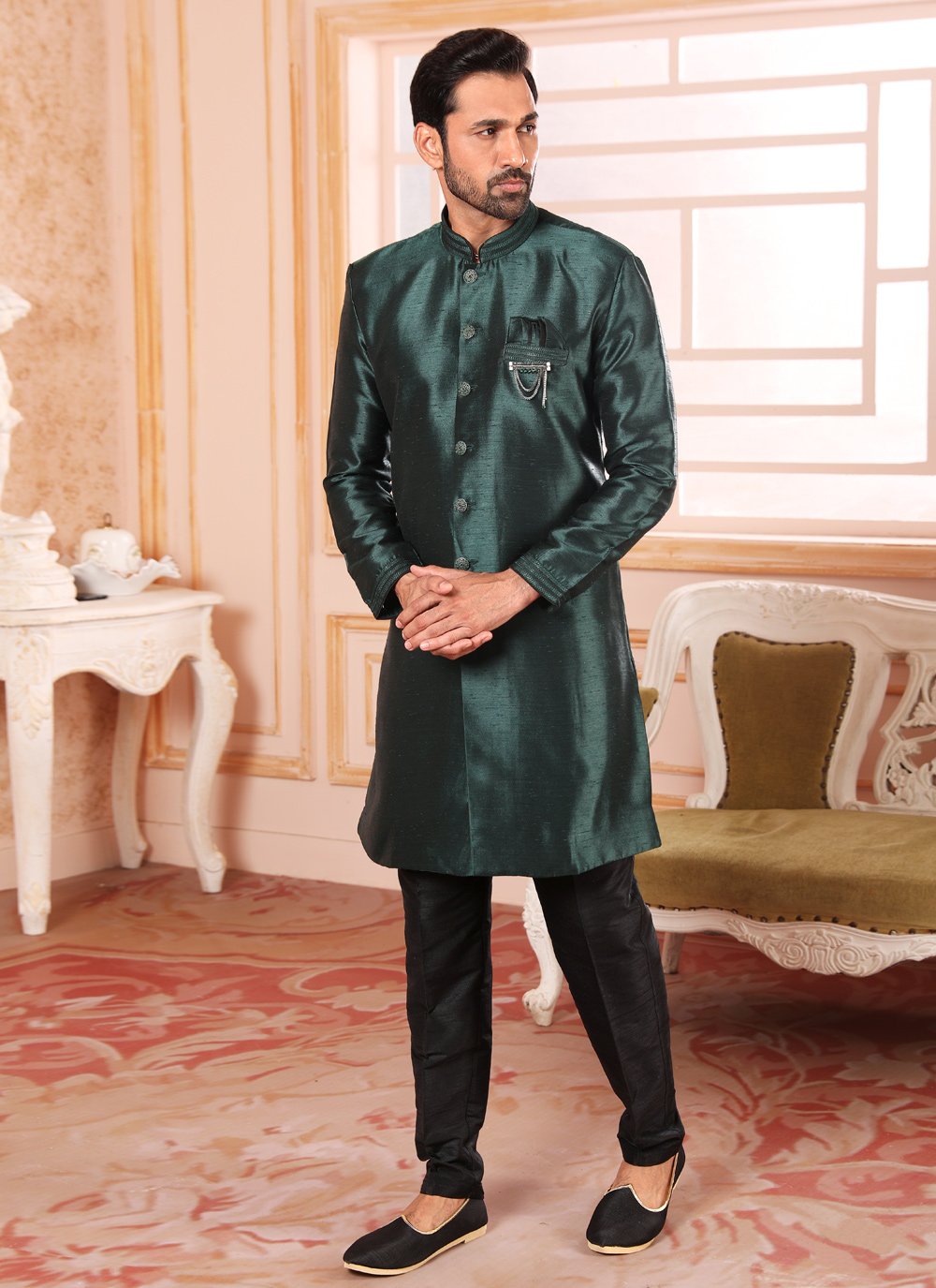 Indo Western Raw Silk Green Embroidered Mens