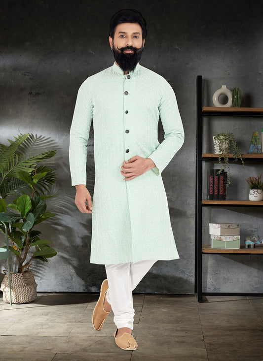 Kurta Pyjama Silk Green Embroidered Mens