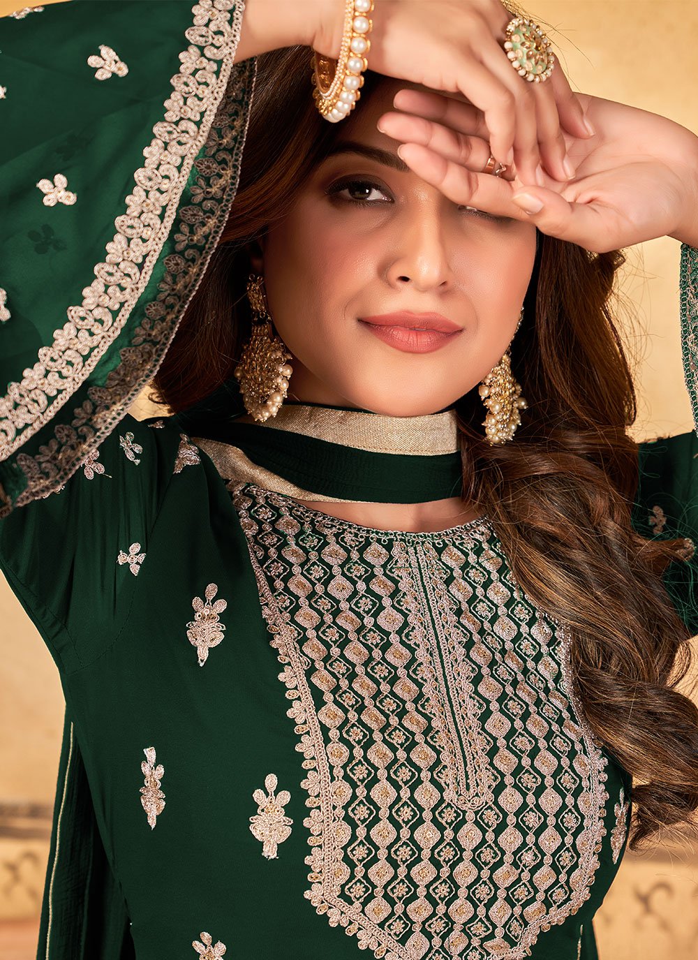 Palazzo Salwar Suit Faux Georgette Green Embroidered Salwar Kameez