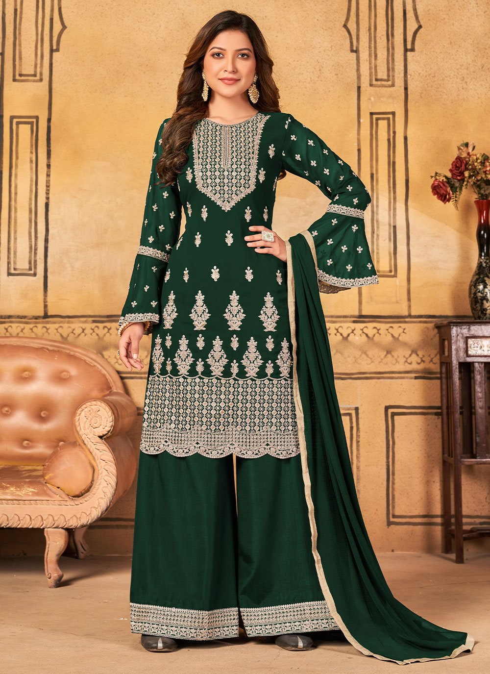 Palazzo Salwar Suit Faux Georgette Green Embroidered Salwar Kameez