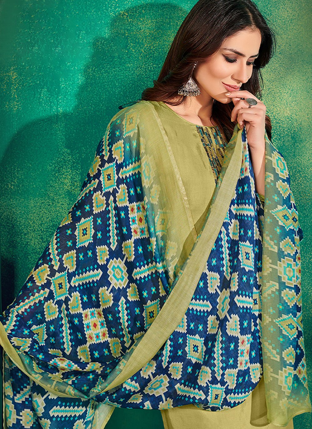 Straight Salwar Suit Muslin Green Embroidered Salwar Kameez