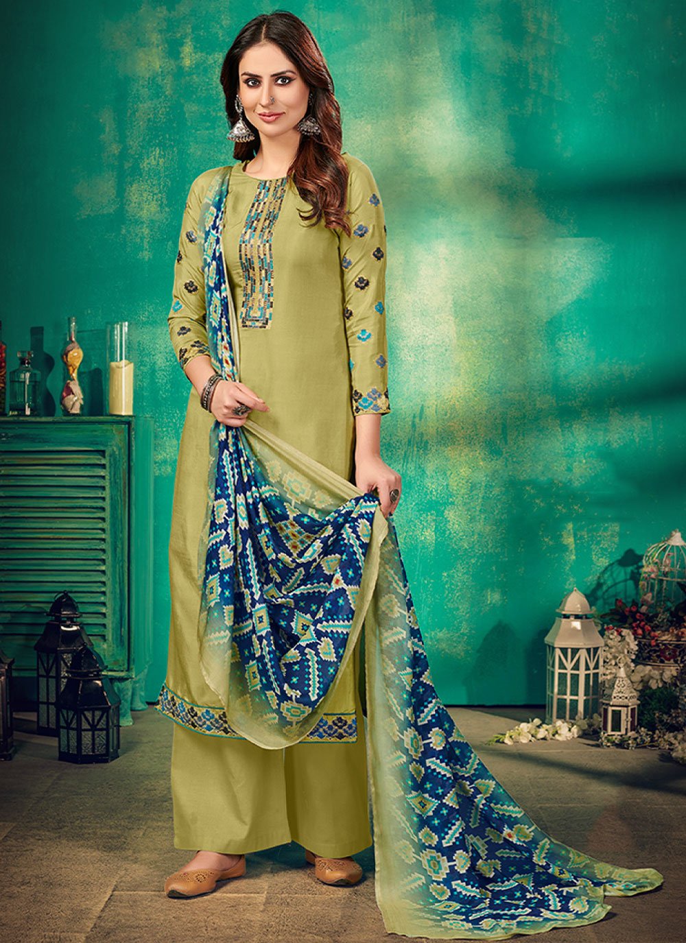 Straight Salwar Suit Muslin Green Embroidered Salwar Kameez