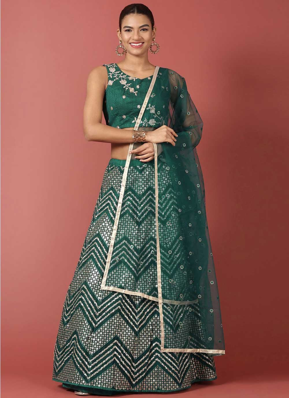 Lehenga Choli Net Green Embroidered Lehenga Choli