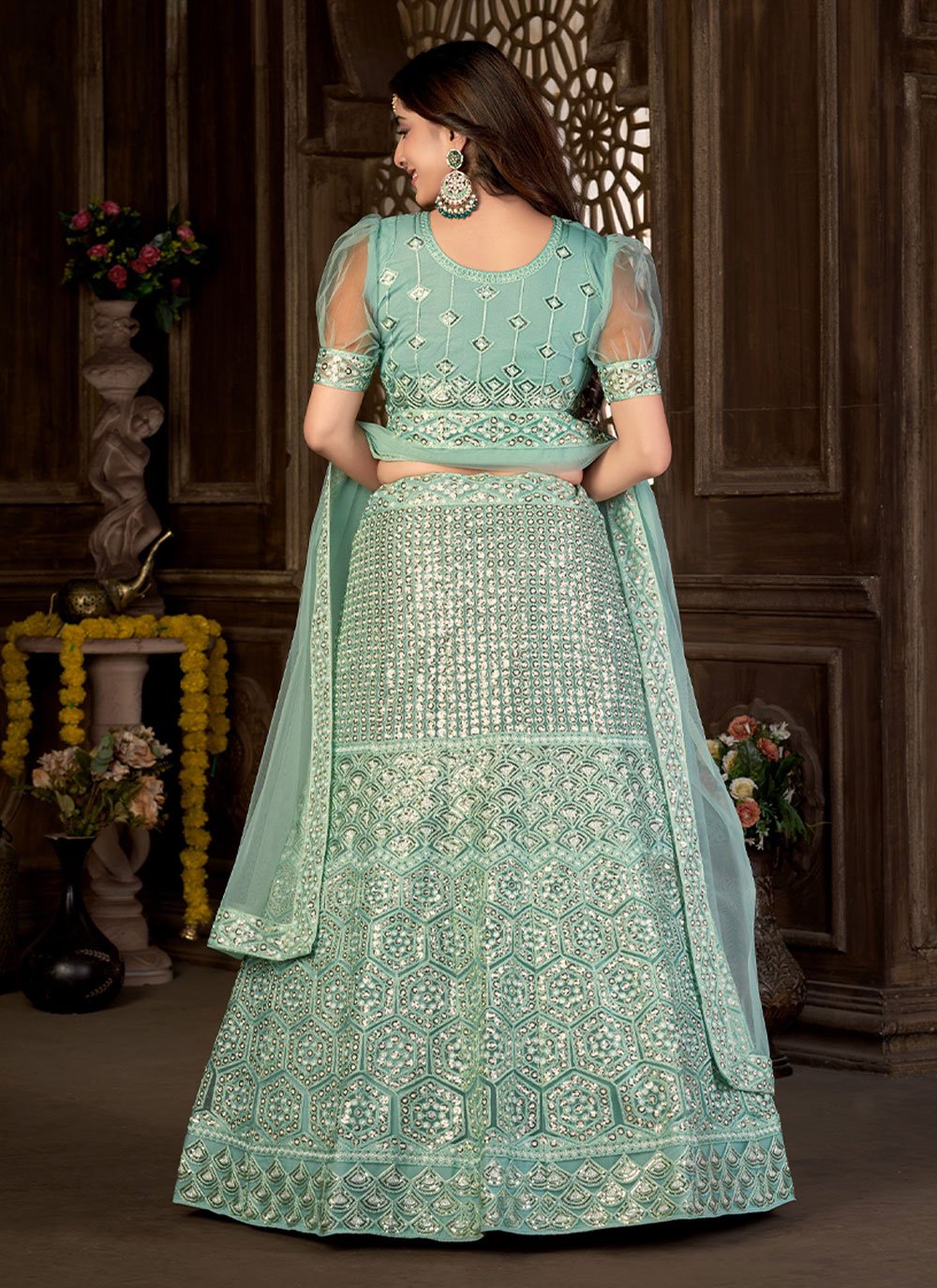 Lehenga Choli Net Green Embroidered Lehenga Choli