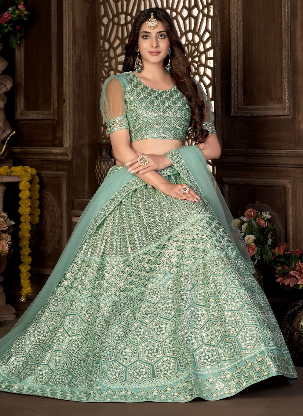 Lehenga Choli Net Green Embroidered Lehenga Choli