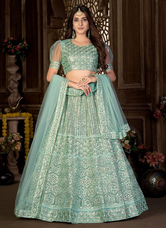 Lehenga Choli Net Green Embroidered Lehenga Choli