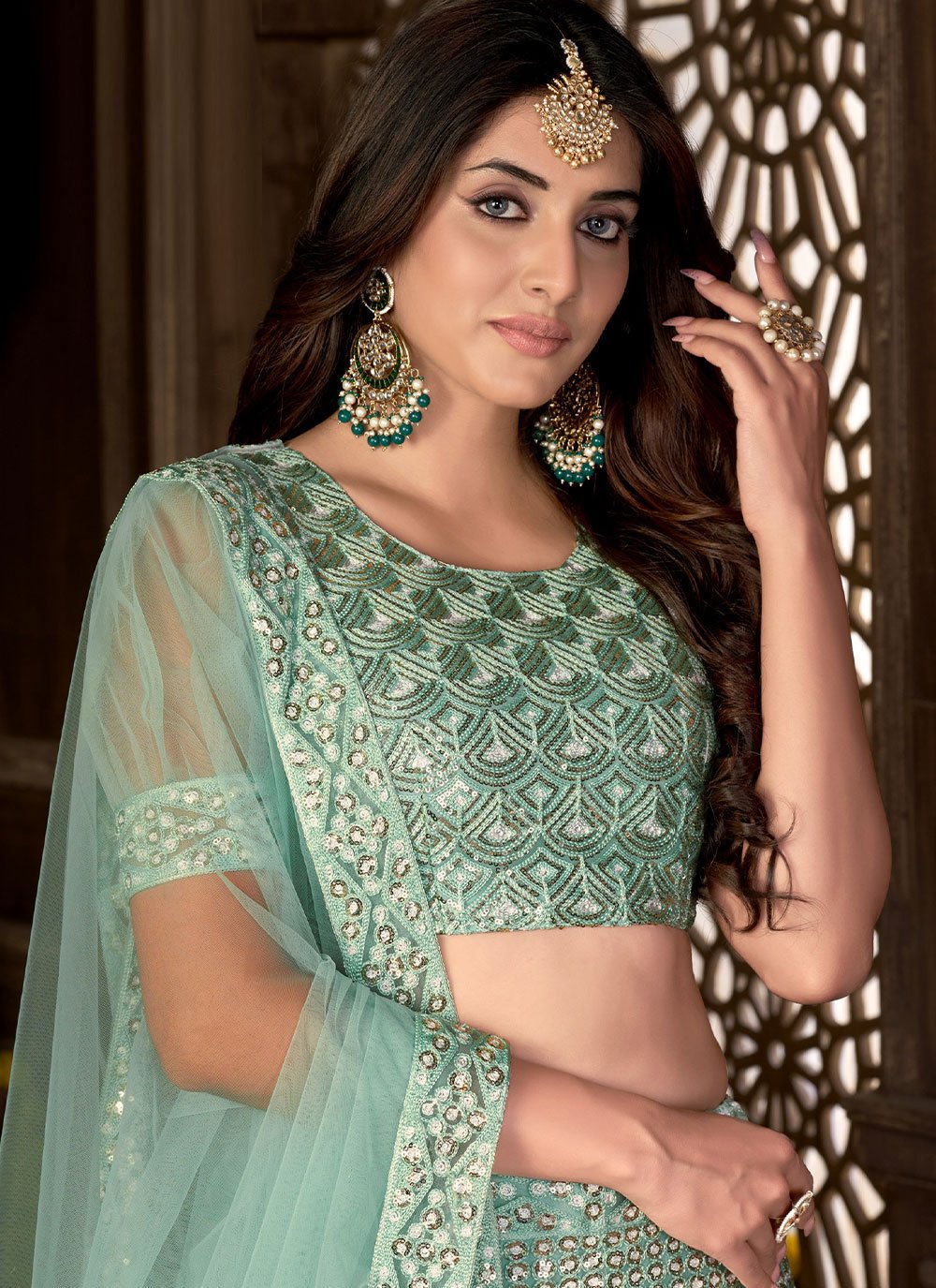 Lehenga Choli Net Green Embroidered Lehenga Choli