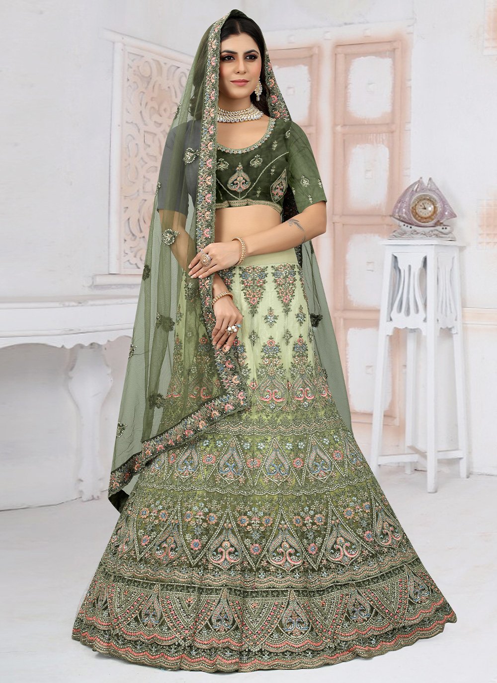 Readymade Lehenga Choli Net Green Embroidered Lehenga Choli