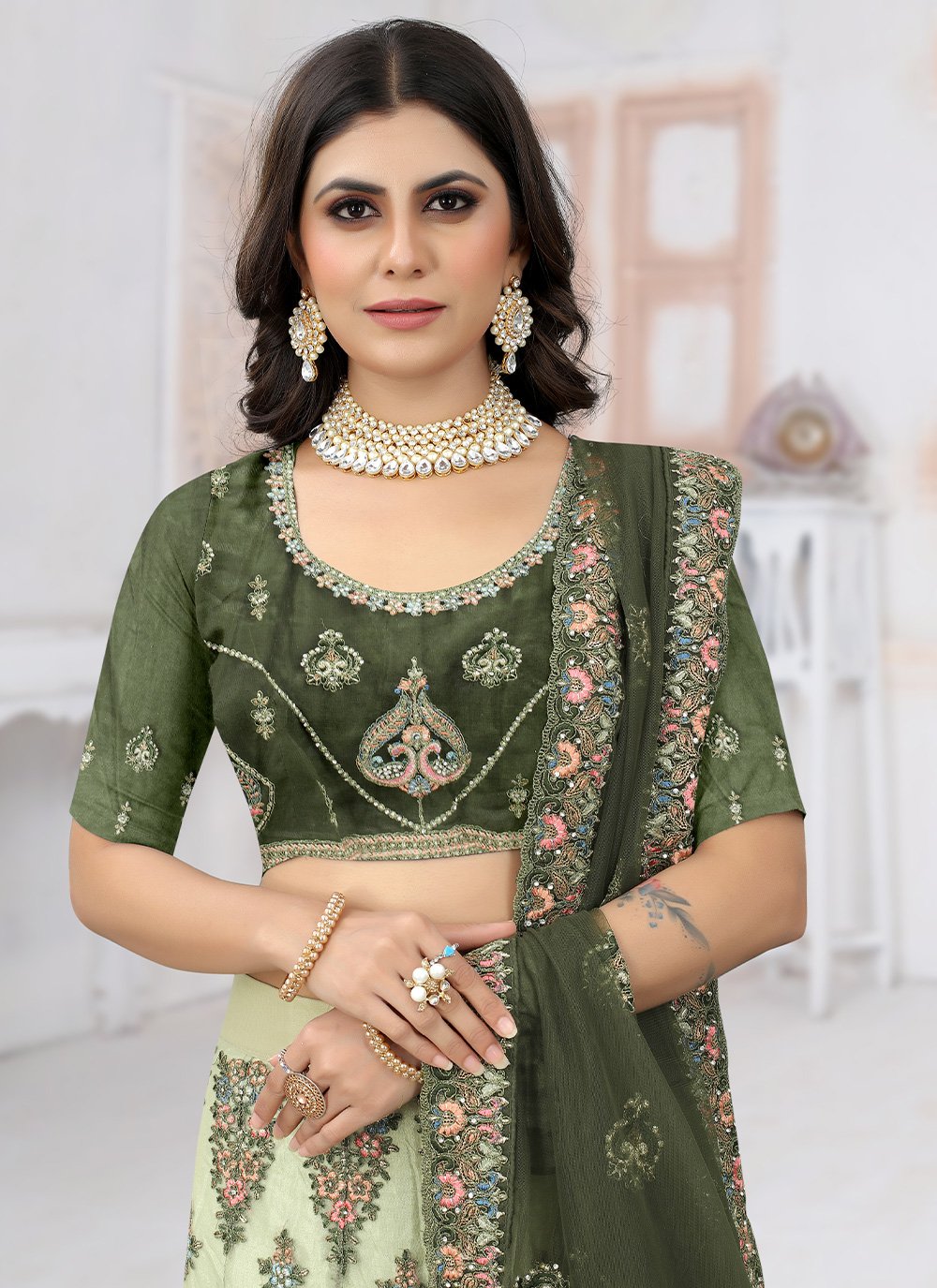 Readymade Lehenga Choli Net Green Embroidered Lehenga Choli