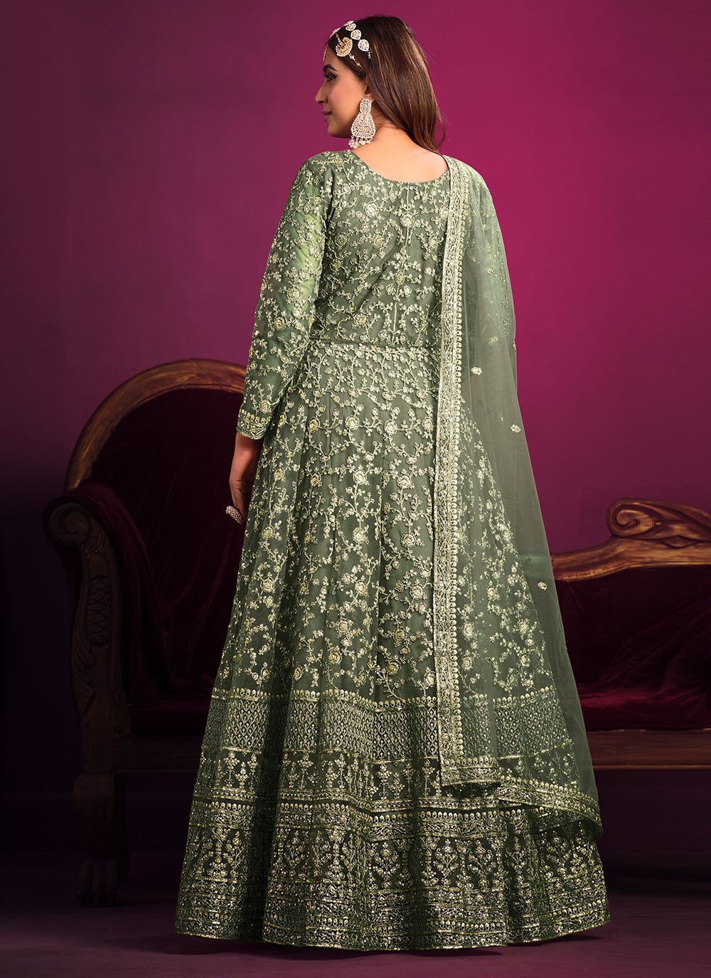 Salwar Suit Net Green Embroidered Salwar Kameez