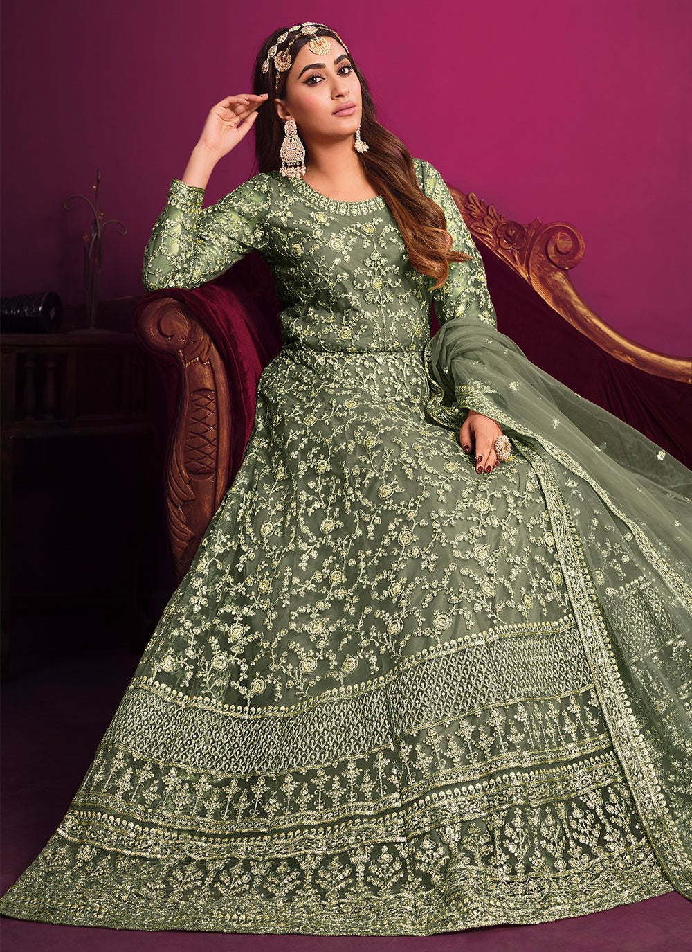 Salwar Suit Net Green Embroidered Salwar Kameez