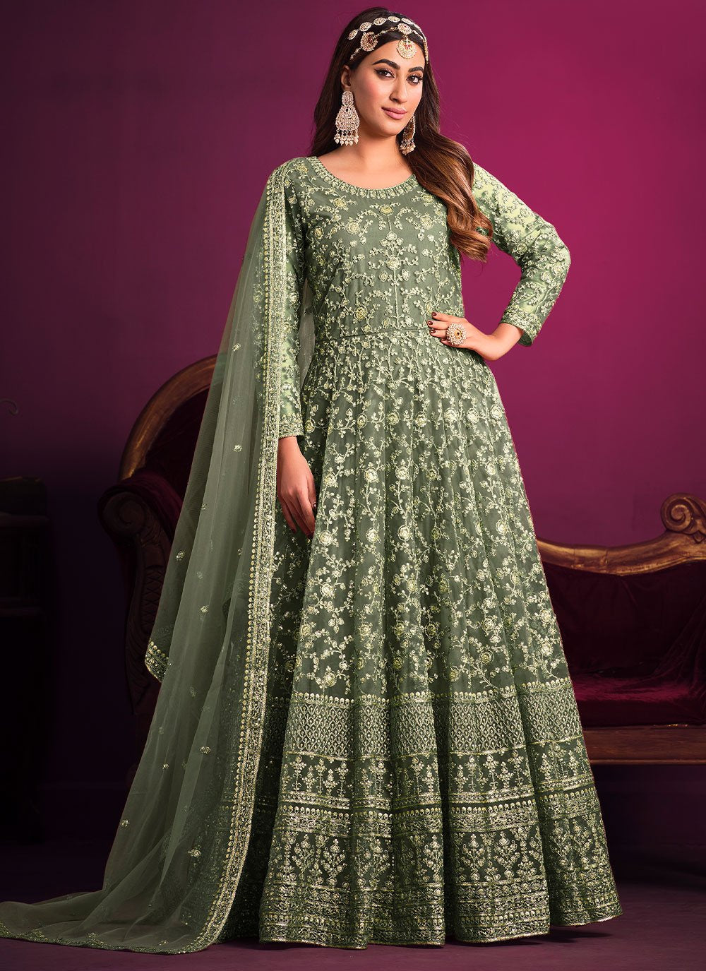 Salwar Suit Net Green Embroidered Salwar Kameez