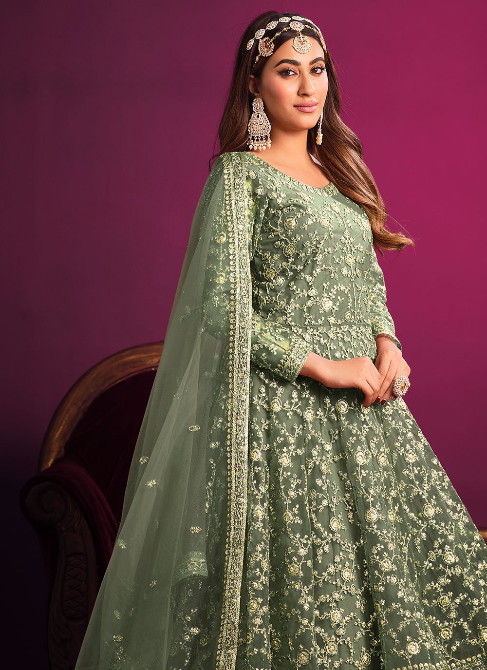 Salwar Suit Net Green Embroidered Salwar Kameez