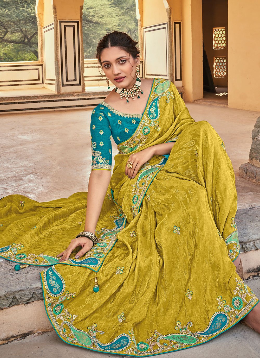 Trendy Saree Organza Tissue Green Embroidered Saree