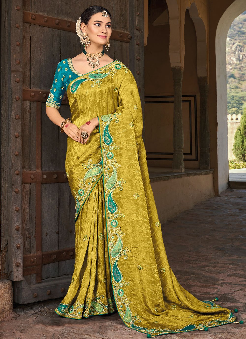 Trendy Saree Organza Tissue Green Embroidered Saree