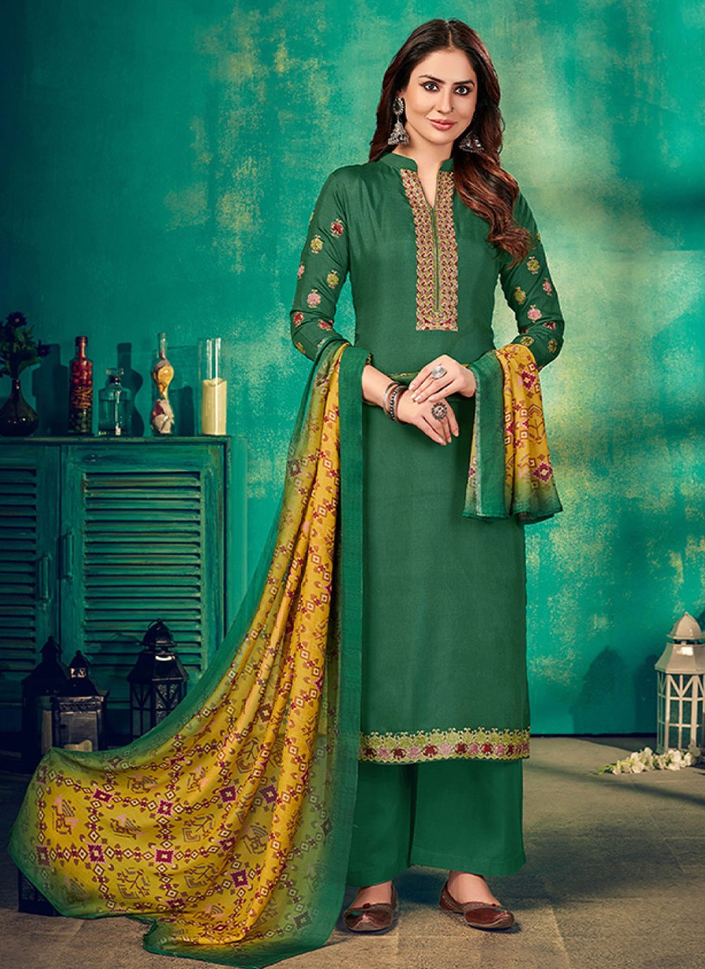 Palazzo Salwar Suit Muslin Green Embroidered Salwar Kameez