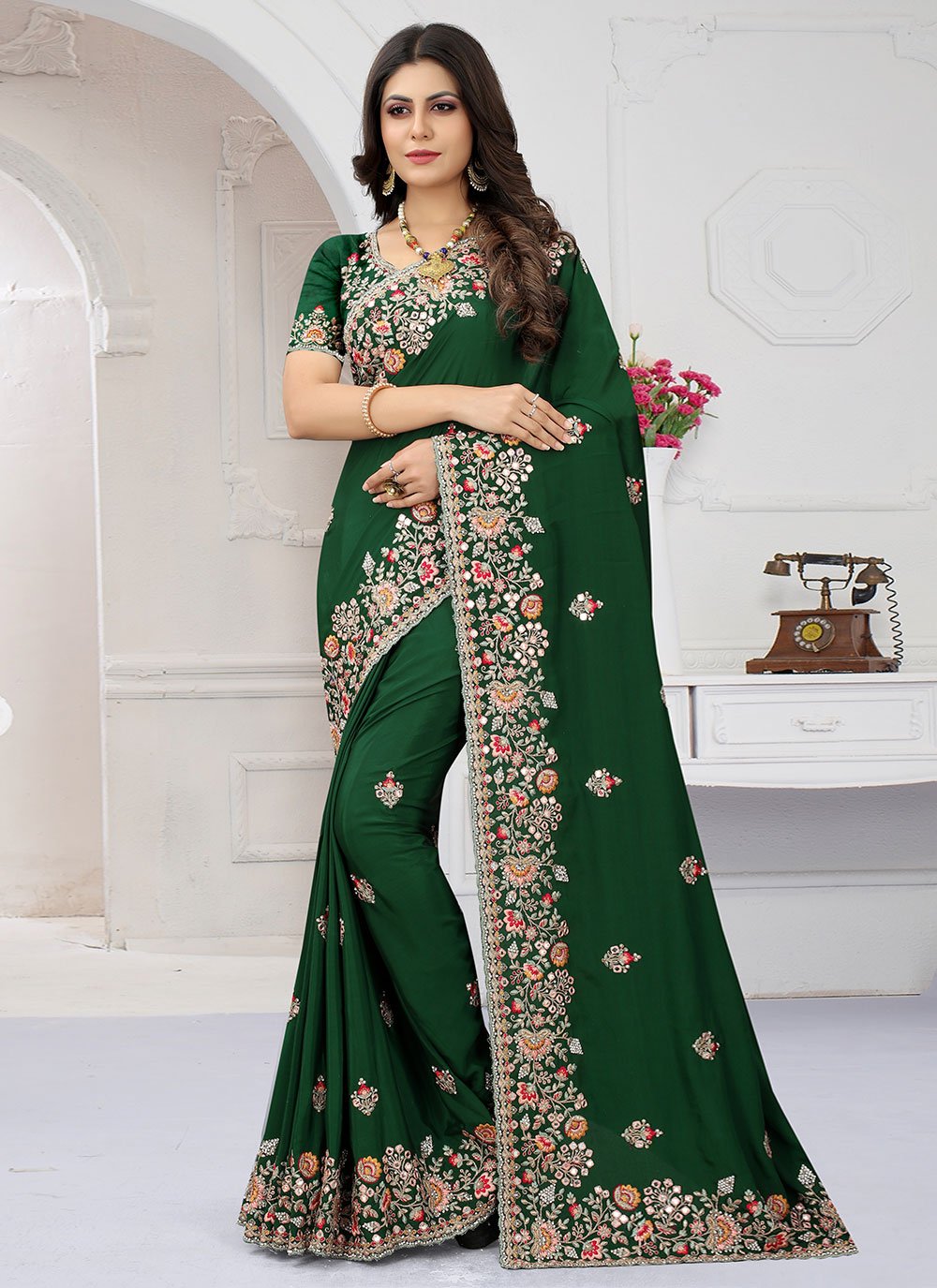 Contemporary Crepe Silk Green Diamond Saree