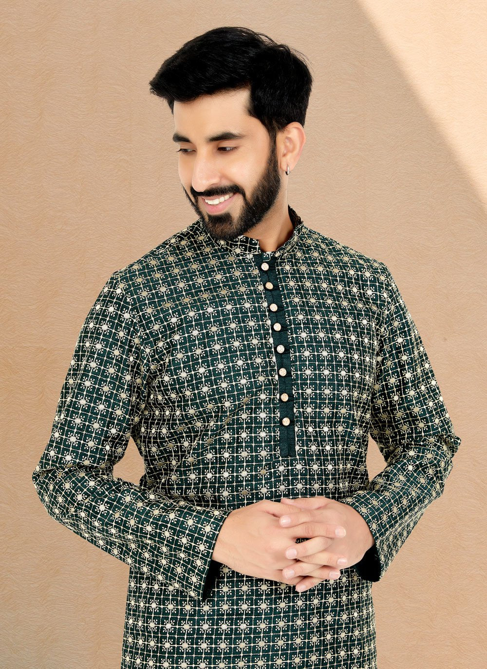 Kurta Pyjama Cotton Silk Green Embroidered Mens