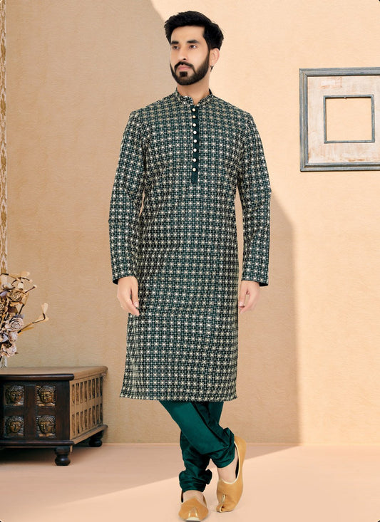 Kurta Pyjama Cotton Silk Green Embroidered Mens