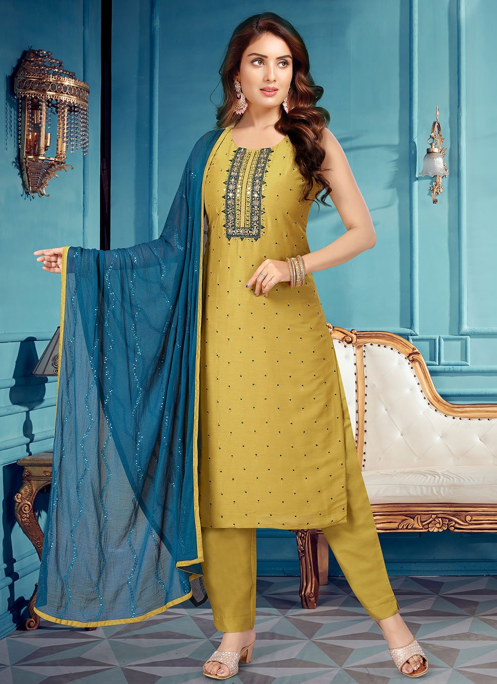 Pant Style Suit Silk Green Embroidered Salwar Kameez