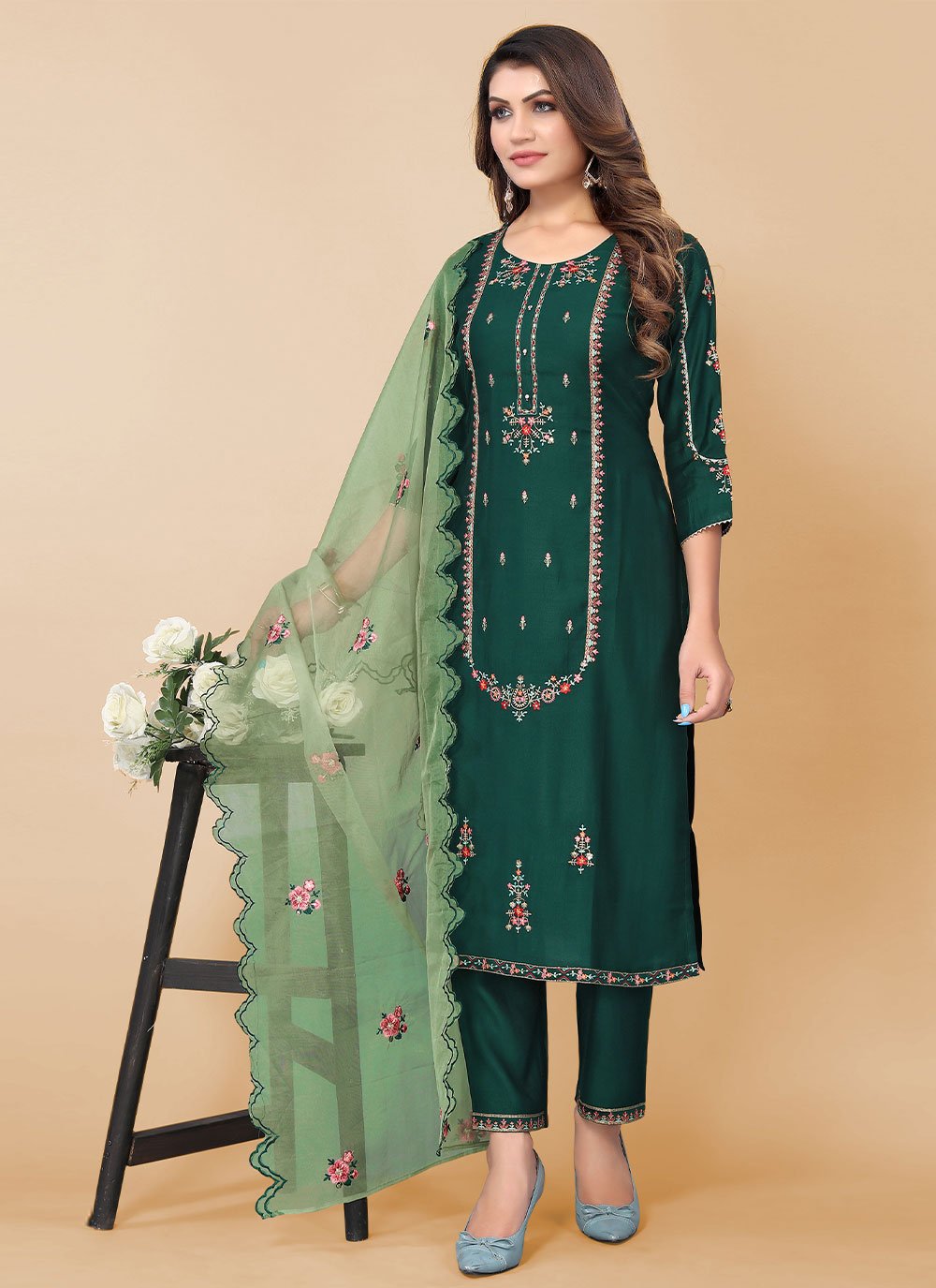 Pant Style Suit Poly Rayon Green Embroidered Salwar Kameez