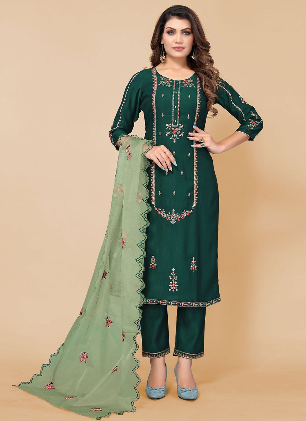 Pant Style Suit Poly Rayon Green Embroidered Salwar Kameez