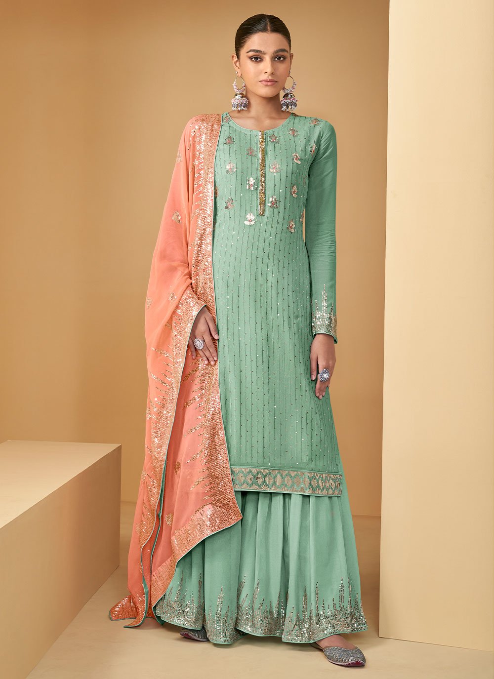 Salwar Suit Georgette Green Embroidered Salwar Kameez